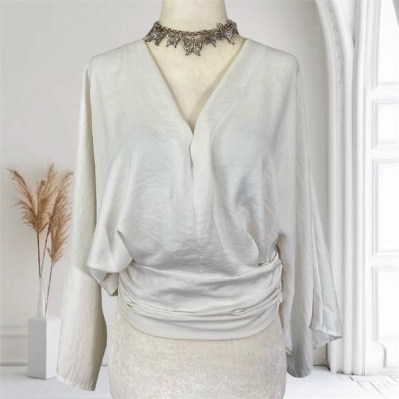 Asos White Cream Boho Wench Bell Sleeve Wrap Tie Boxy Wide Flowy Blouse US 6 / S - Picture 1 of 8